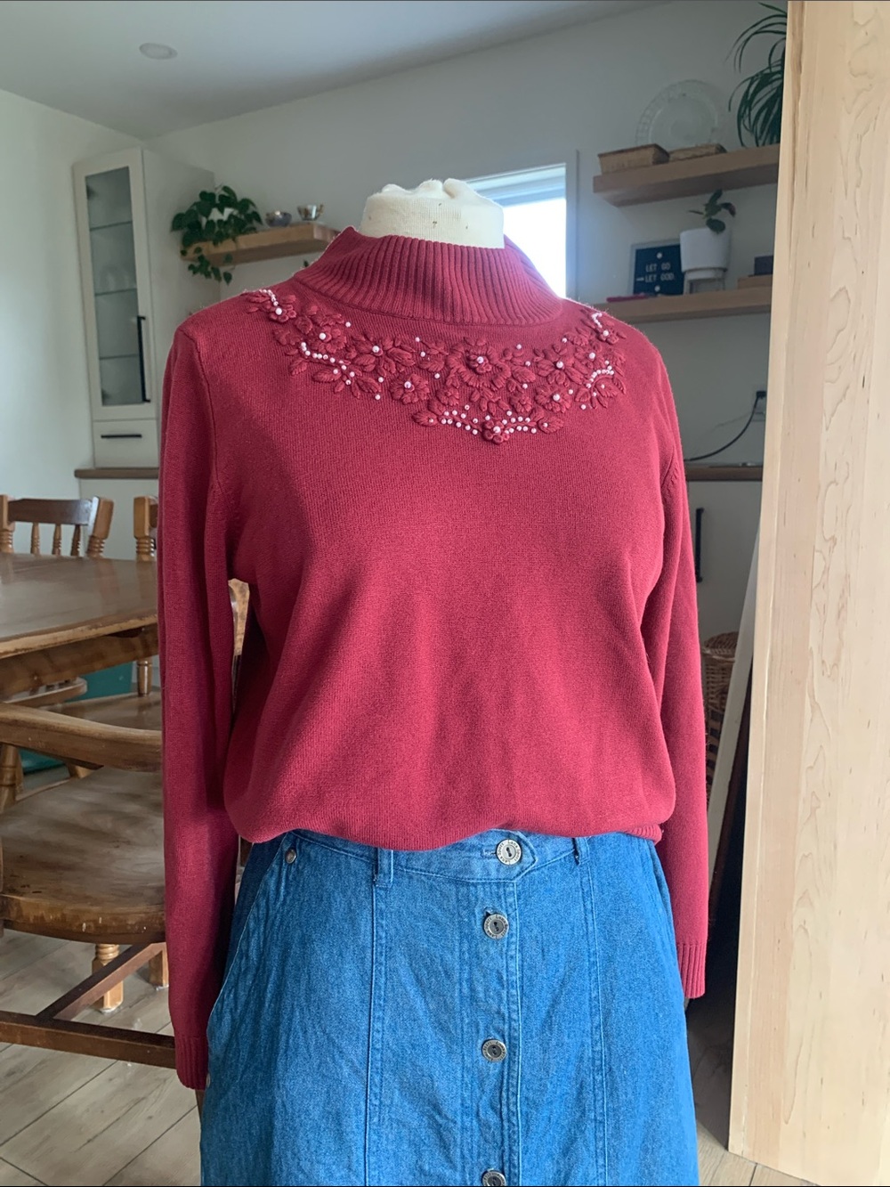 Vintage Mock Neck Sweater | burgundy floral Embroidery with pearls | 90s grandma